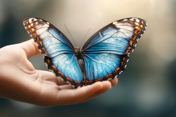 Wall Mural - A delicate butterfly resting on a child hand, with its colorful wings glowing softly in the sunlight