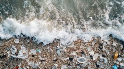 Wall Mural - close up view of plastic fragments washed ashore amidst ocean waves at the beach. generative ai