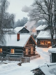 Poster - Cozy wooden houses in a snowy village with smoke rising from the chimney during winter. Generative AI