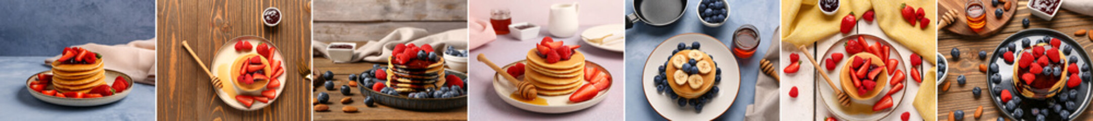 Poster - Collage of sweet pancakes with fruits and berries