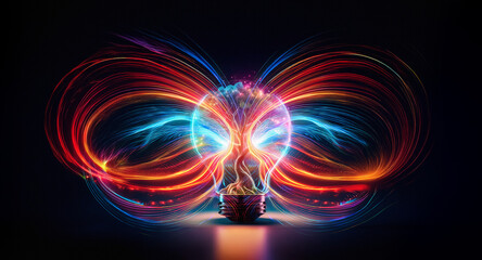 Wall Mural - a bright light bulb emits swirling, vibrant streams of colorful light energy. the trails form an inf