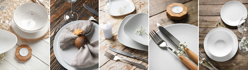 Canvas Print - Collage of beautiful table settings with white dishes on wooden background