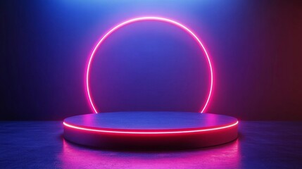 Aufkleber - Circular stage with neon pink and blue lights creating a modern and futuristic ambiance. Creative technology and innovation concept.