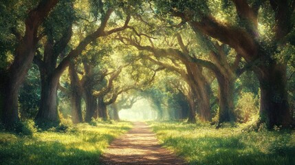 Wall Mural - Sunlit Path Through Ancient Oaks: A Serene Forest Walk