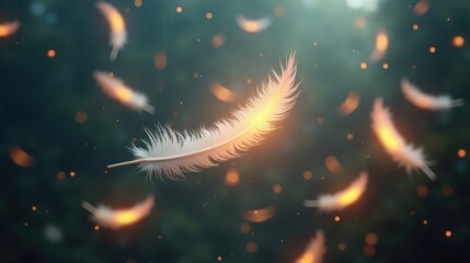 Canvas Print - Dozens of glowing feathers float gently through the air, their soft light pulsating like distant stars, shifting and drifting with unseen currents in a dreamlike scene.