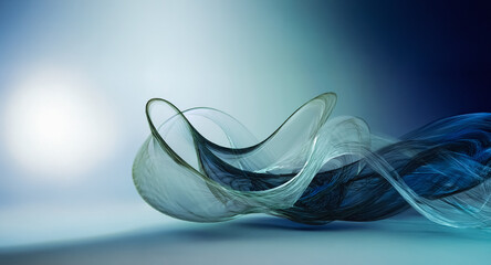 Wall Mural - abstract wavy form in blue and white hues flows across a gradient background. soft light enhances th