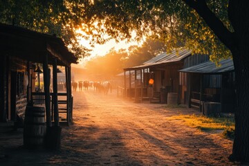 Aufkleber - Sunset glow illuminates farm buildings and cows in serene countryside setting near a dirt pathway. Generative AI