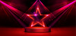 © klyaksun - Neon red glowing star shape on dark background with spotlights. Empty stage illuminated by vivid crimson lights. Dramatic night club or music festival scene with luminous geometric silhouette.