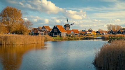 Fototapete - Charming rural landscape with a windmill and traditional houses by the water during golden hour. Generative AI