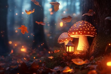 Wall Mural - A vibrant 3D digital rendering of a magical autumn forest path, with glowing mushrooms, lanterns, and animated leaves floating in the air