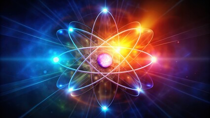 Wall Mural - a tiny, glowing atom with its nucleus at center and swirling electron cloud in vibrant colors, set a