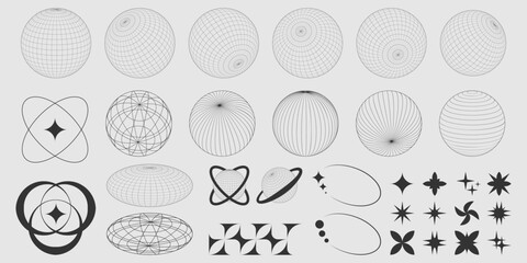 Wall Mural - collection of vector globe shapes and 90s style retro graphic elements - stars and circles, planets 