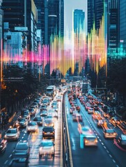 Poster - Urban roadway filled with traffic while sound waves are visually represented in an abstract color palette above. Generative AI