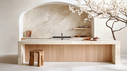 Fototapete - Modern kitchen with minimalist design and decorative tree branch in the background