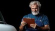 © Anna - older mechanic with a white beard is holding a clipboard and smiling while looking at the camera. He is wearing blue overalls and a t-shirt, positioned next to a vehicle