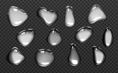 Wall Mural - liquid silver drops and blobs set on transparent background - glossy metallic splashes collection. s
