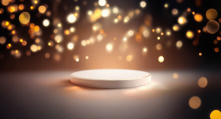 Wall Mural - a bright podium stands on a reflective surface, illuminated by a bokeh background of golden lights, 