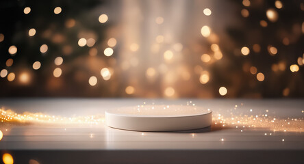 Wall Mural - a softly lit, white circular podium stands on a reflective surface, against a backdrop of warm bokeh