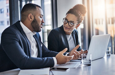 Aufkleber - Corporate, business meeting and people with laptop for website research, proposal and online report. Professional, documents and woman with man on computer for planning, company review and strategy