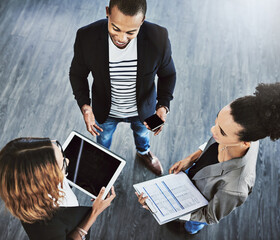 Aufkleber - Above, tablet and business people in office, charts and finance report for profit growth. Employees, tech and documents for graphs, sales increase and cooperation with feedback for funding proposal