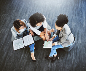 Poster - Above, documents and women in office, tablet and conversation for sales project. Employees, consultant and business people with technology, cooperation and planning for proposal, feedback and meeting