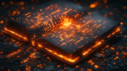 Poster - Open book with glowing circuit patterns in dark ambient light, futuristic digital technology concept