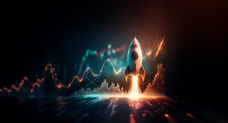 Aufkleber - A rocket launches skyward in front of vibrant financial charts, symbolizing market growth and economic progress with dynamic visuals.