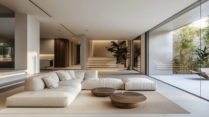 Wall Mural - Minimalist home interior with a central beige rug, highlighting open space and elegance