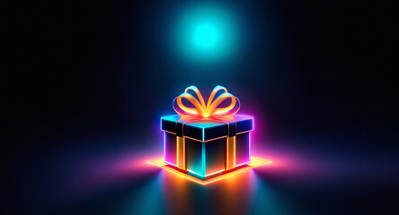 Poster - a vibrant neon gift box with a ribbon bow glows on a dark surface, illuminated by a luminous sphere 