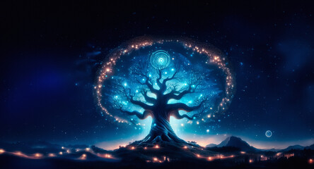 Wall Mural - silhouetted tree at night, glowing lights circle around it, creating a magical atmosphere under a da
