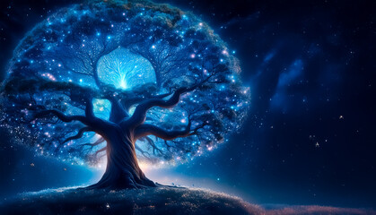 Canvas Print - a luminous tree with radiant blue leaves stands majestically against a deep night sky dotted with st