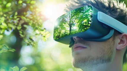 Wall Mural - A group of friends using a virtual reality headset to experience a simulated nature walk, blurring the lines between the digital world and the natural environment.