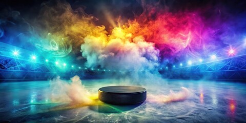 Wall Mural - ice rink scene with hockey puck sitting atop vibrant, wispy smoke swirling around it , colorful, act