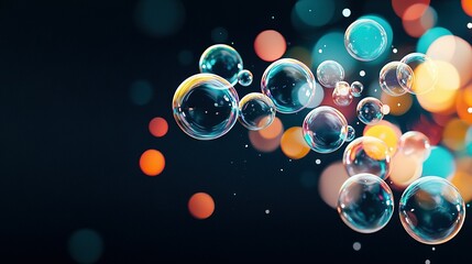 Wall Mural -   A group of bubbles float on a black backdrop, with a hazy picture of similar bubbles