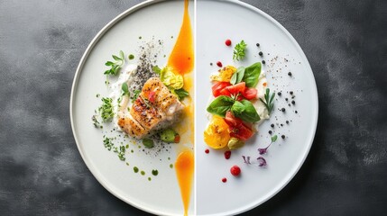 Aufkleber - Artfully presented culinary dish featuring grilled fish and fresh vegetables at a trendy restaurant during dinner time. Generative AI