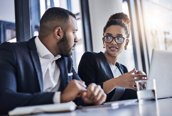 Aufkleber - Corporate, people and planning with laptop in office for trial preparation, lawsuit advice and case discussion. Lawyer, paralegal and client contract strategy with teamwork, business or brainstorming