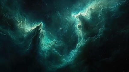 Wall Mural - luminous galaxy nebula in shades of emerald green and aqua blue, stars shimmering in the distance