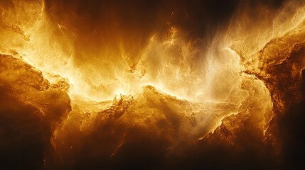 Wall Mural - Golden nebula clouds with touches of white, giving a warm, radiant light amidst dark space 
