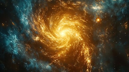 Wall Mural - Golden and blue nebula clouds swirling around a distant galaxy, vibrant and luminous 