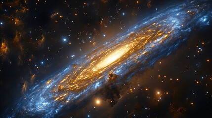 Wall Mural - Golden and blue nebula clouds swirling around a distant galaxy, vibrant and luminous 