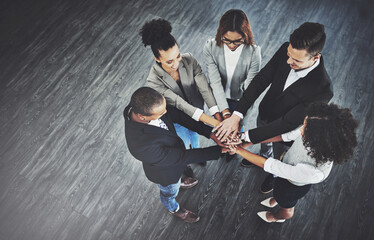 Aufkleber - Above, huddle and hands stack with business people, support and team in modern office. Employees, gesture and partnership with cooperation, diversity and space with company growth and collaboration