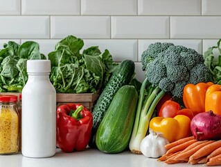 Fresh vegetable display kitchen counter food photography bright environment close-up view healthy eating concept