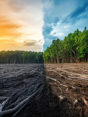 Poster - Deforested land contrasts vividly with lush green forest highlighting nature conservation efforts. Generative AI