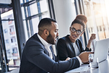 Aufkleber - Lawyer, office and business people in discussion on laptop to review contract, case report and legal advice. Law firm, attorney and woman with man on computer for consulting, meeting and proposal