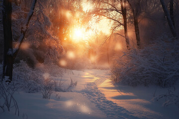 Wall Mural - enchantment of a winter's dawn, blanketed in a glistening coat of snow, where universe falls into a 