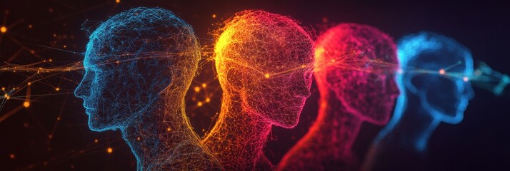 Poster - Futuristic digital network showcasing colorful 3D avatars connected by vibrant glowing lines in an abstract environment. Generative AI