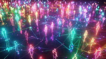 Wall Mural - Vibrant social media network visualized with colorful 3D avatars interconnected by pulsating energy lines. Generative AI