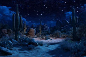 Wall Mural - in enchanting embrace of a desert night, ethereal radiance of celestial bodies casts a celestial glo