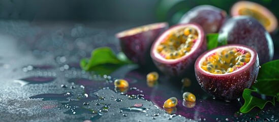 Aufkleber - Fresh and vibrant passion fruits splashed with water droplets on a dark reflective surface with green leaves creating a colorful contrast.