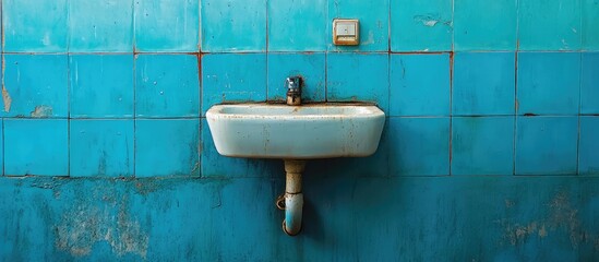 Poster - Vintage blue tiled wall with a worn white sink centered below a light switch, creating a retro bathroom atmosphere.